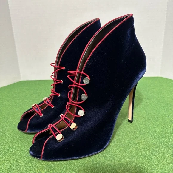 Gianvito Rossi Navy Blue Velvet Peep Toe Booties Pumps Heels Size 41 US 11